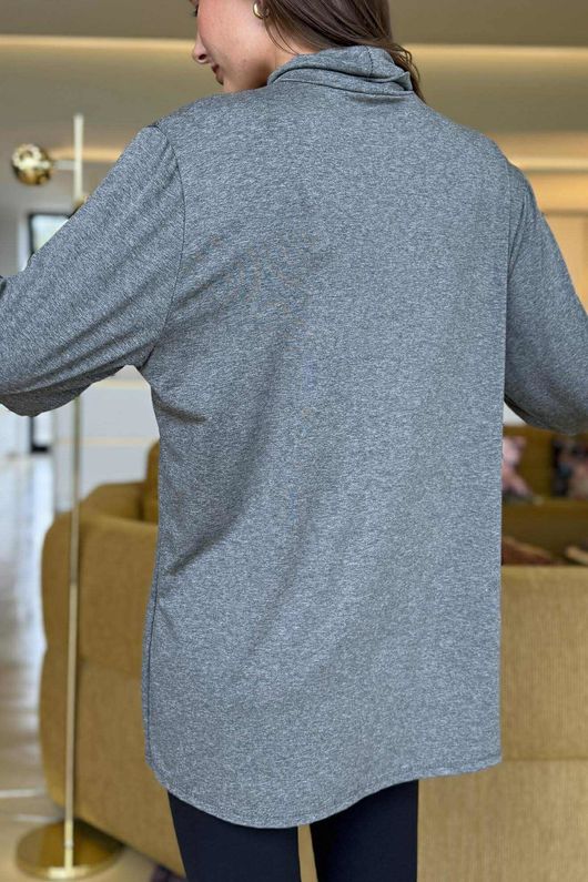 Essential Fine Jersey Polo Neck Top Grey Marl